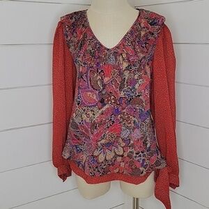 VINTAGE 90s Jo Hanna York shoulder padded blouse red & tan print